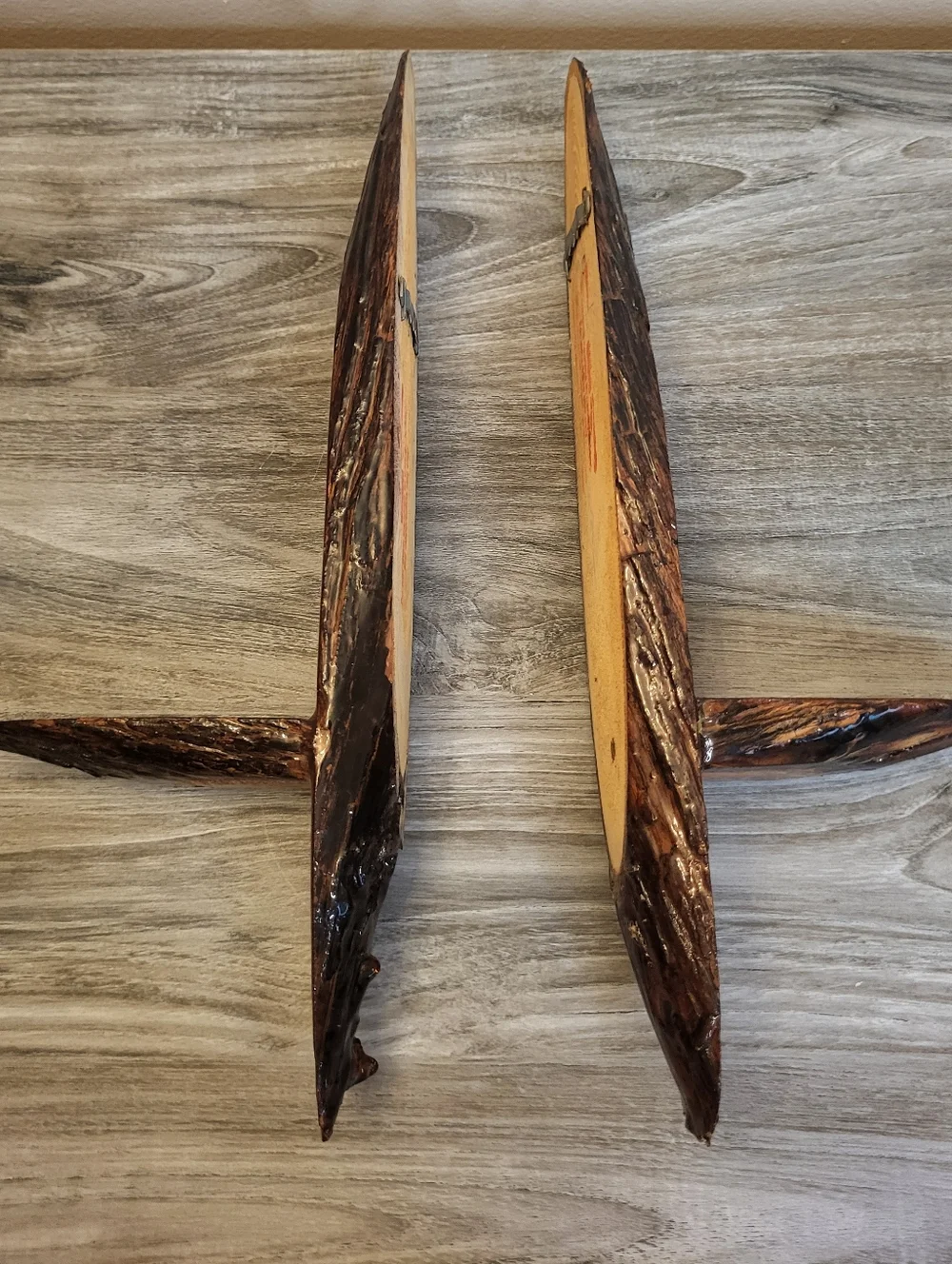 Pair Vintage Handcrafted Live Edge Wood Wall Sconces Lacquer Finish
